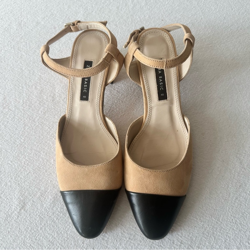 Zara Women's Tan and Black Heels with Buckle Two-Toned Shoes Workwear